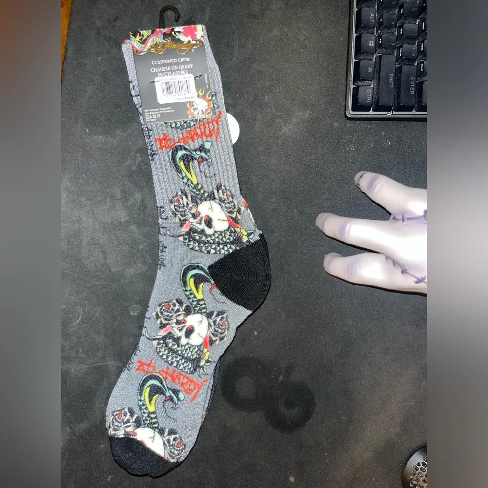 Ed Hardy Gray Crew Socks with Skull, Red Heart & Flame Graphics